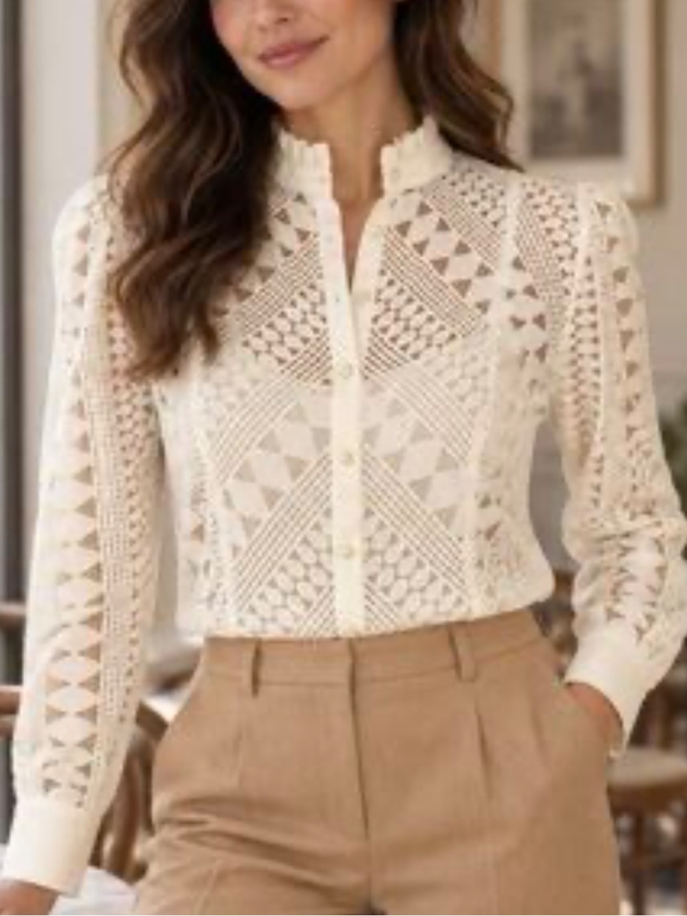 Anthropologie Cream Crotchet Lace Ruffle Neck Button Blouse Size 12 Intricate
